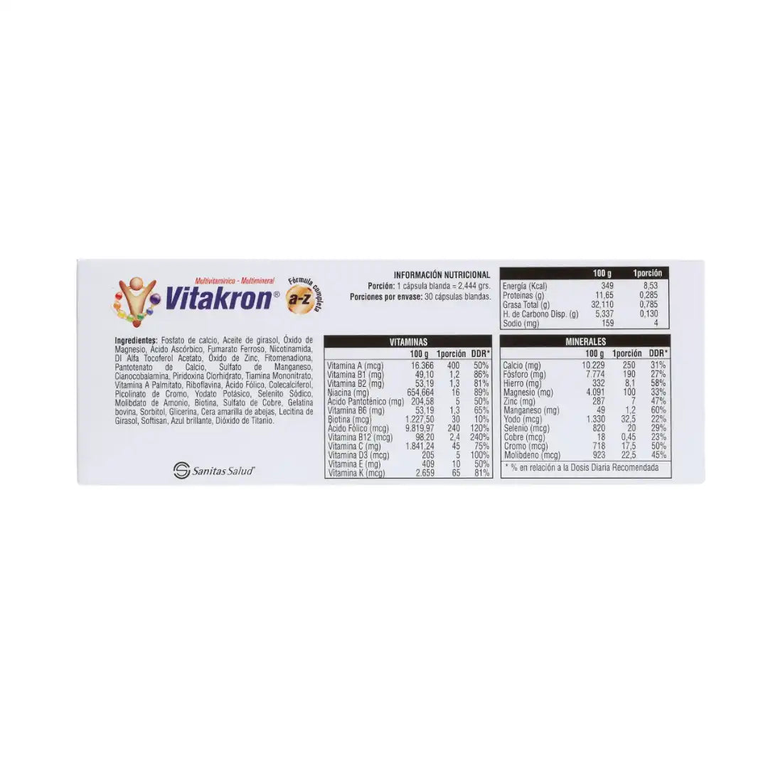 Vitakron A-Z – Multivitamínico y Multimineral – 30 Cápsulas Blandas (Sanitas)