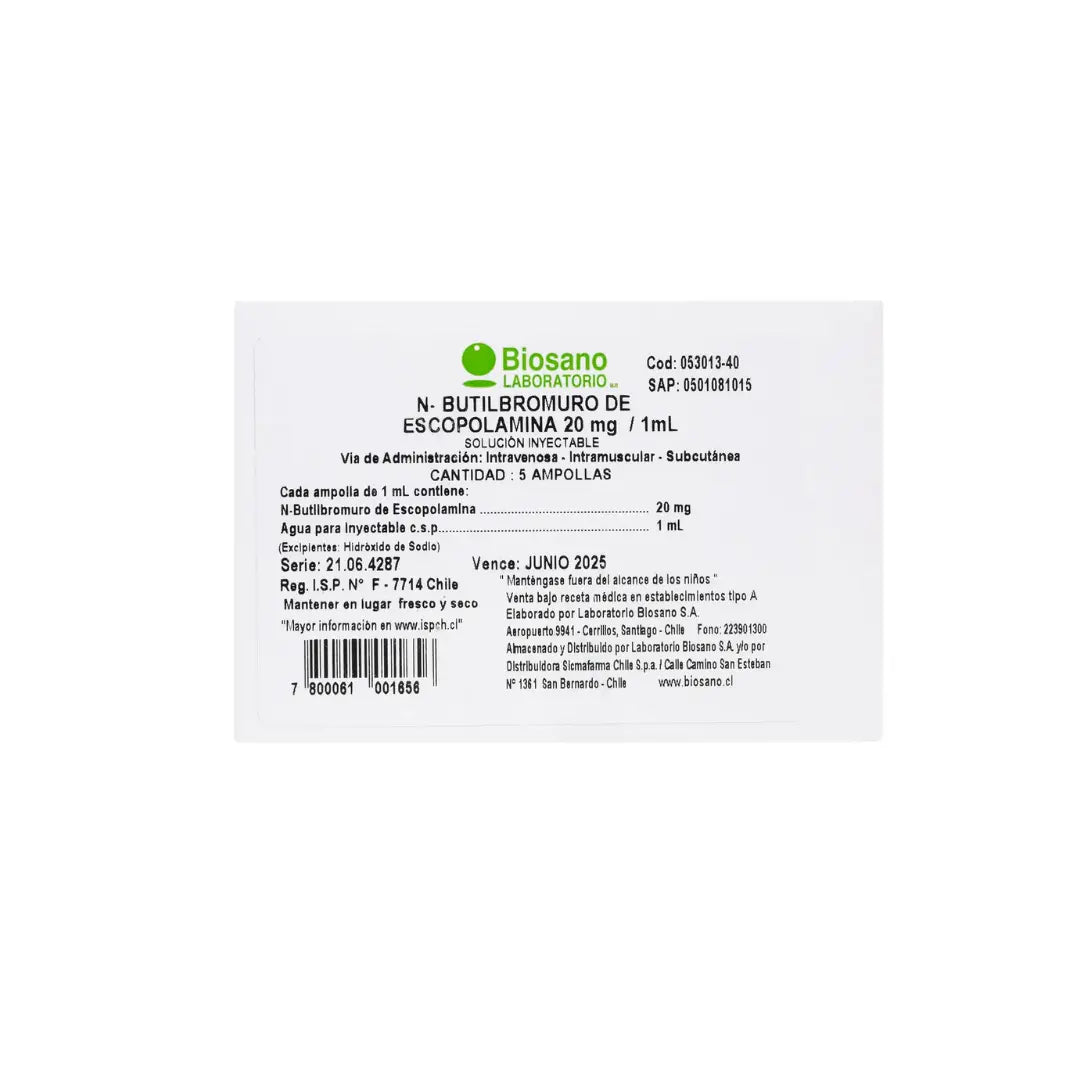 N-Butilbromuro De Escopolamina 20 mg Solucion Inyect 5 Amp