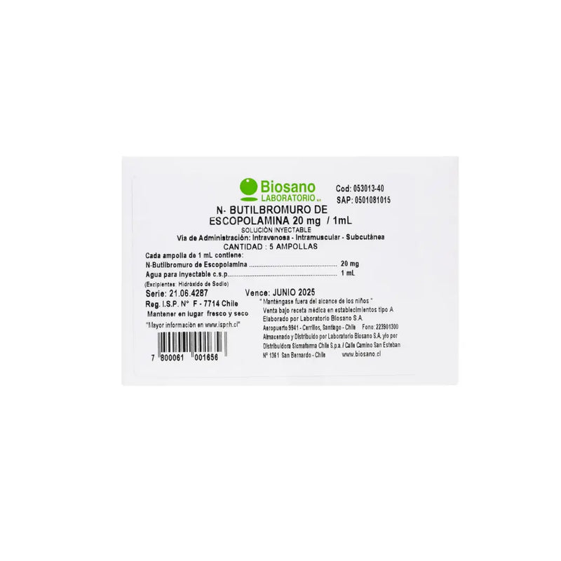 N-Butilbromuro De Escopolamina 20 mg Solucion Inyect 5 Amp